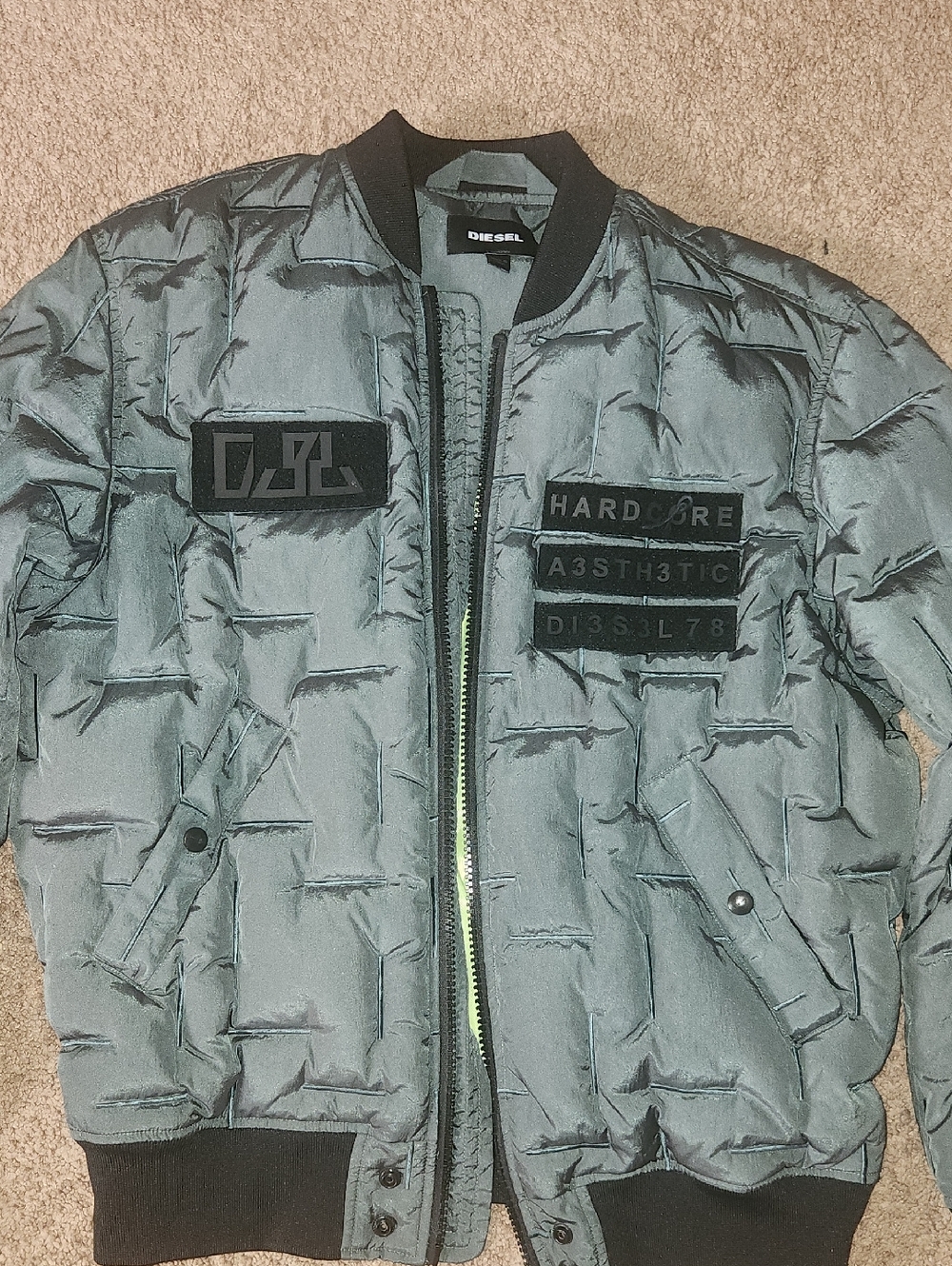 Diesel Green METALLIC Quilted Bomber Jacket with BLACK Patch Details